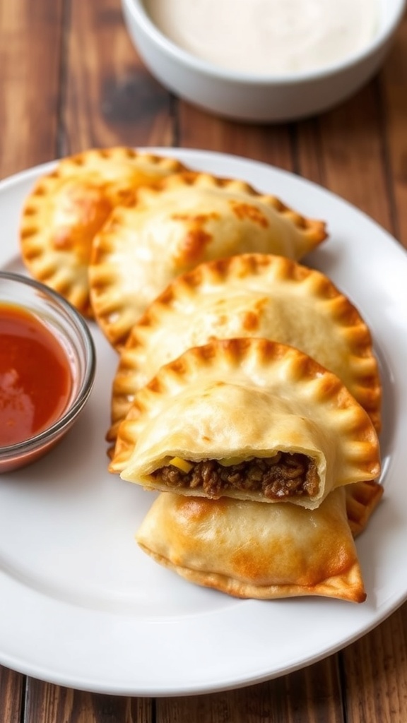 Golden beef and cheese empanadas on a plate with dipping sauce on a rustic table.
